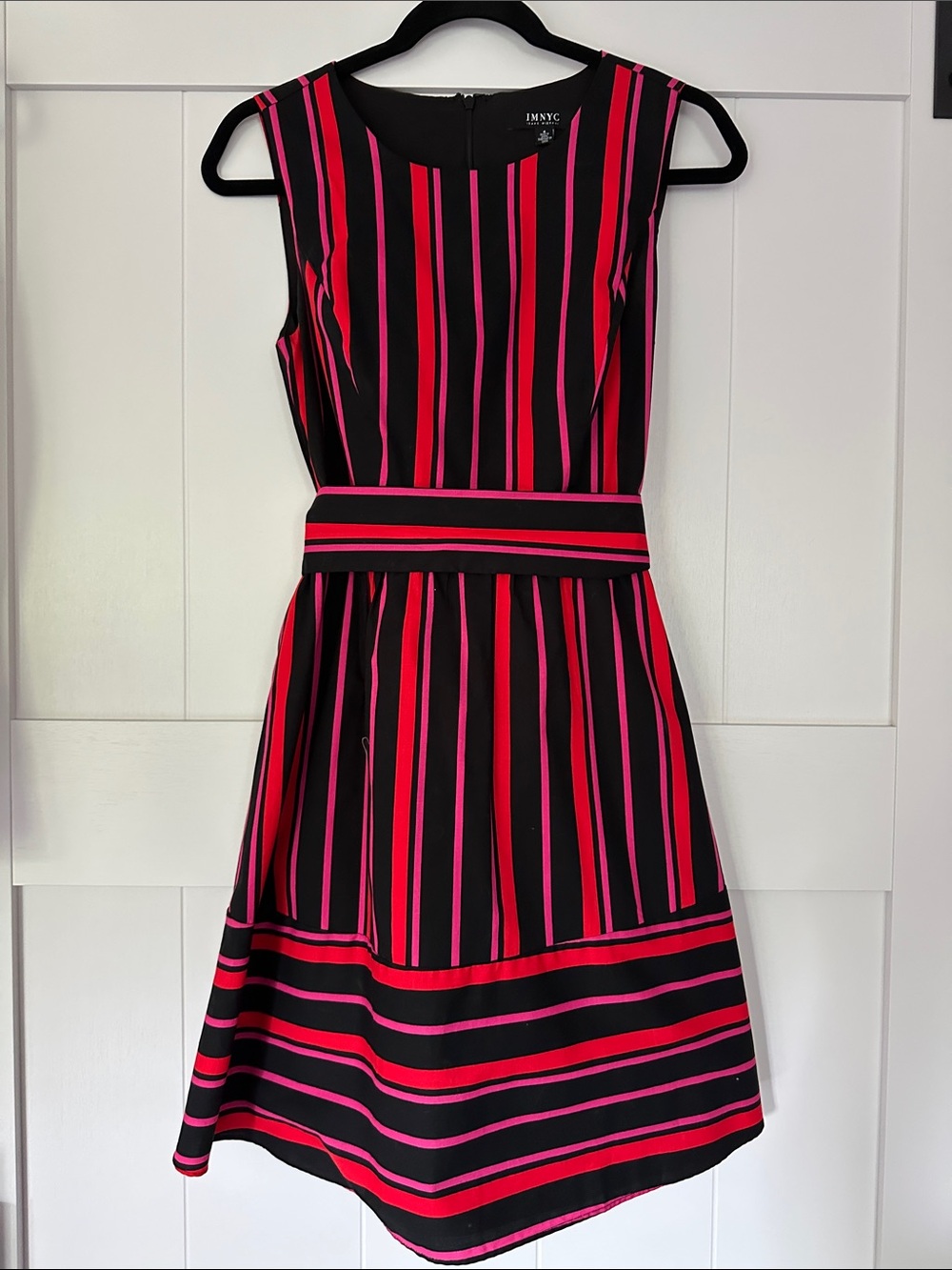 Isaac Mazari Black Dress with Pink and Red Stripe Detail Sz 4